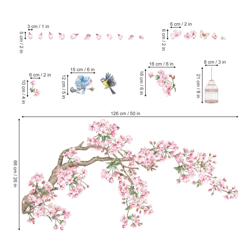 decalmile Cherry Blossom Tree Branch Wall Decals Pink Flower Birds Wall Stickers Bedroom Living Room Sofa TV Background Wall Decor - Image 4