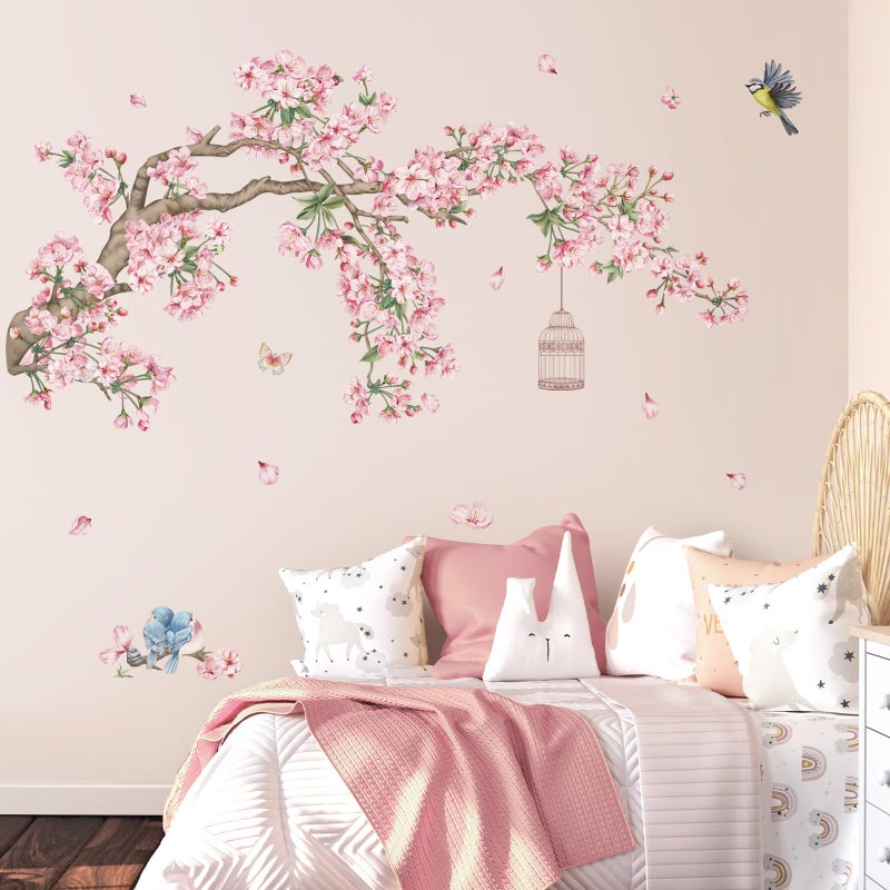 decalmile Cherry Blossom Tree Branch Wall Decals Pink Flower Birds Wall Stickers Bedroom Living Room Sofa TV Background Wall Decor - Image 3