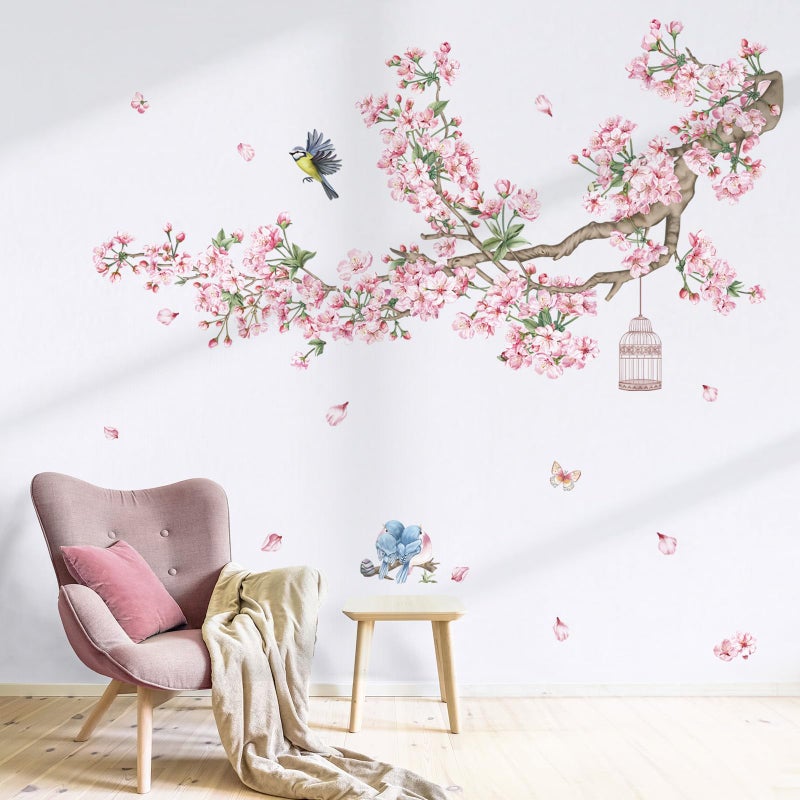 decalmile Cherry Blossom Tree Branch Wall Decals Pink Flower Birds Wall Stickers Bedroom Living Room Sofa TV Background Wall Decor - Image 2