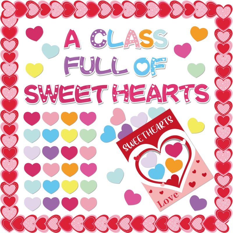 Hedeey Valentine's Day Love Heart Bulletin Board Classroom Decorations A Class Full of Sweethearts Themed Cut-Outs Pink Hearts Bulletin Border Valentines Party Supplies School Classroom Wall Door Decor - Image 1