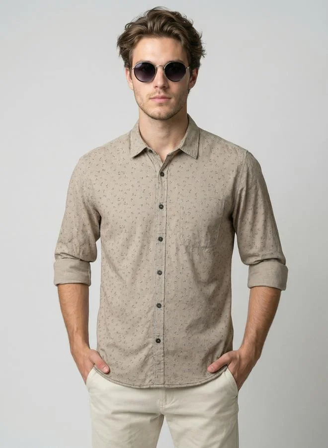 Take Two Men Beige Floral Print Long Sleeve Shirt By SNX