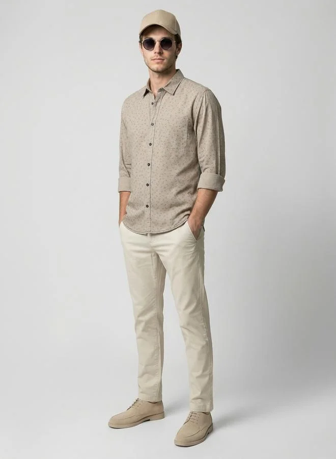 Take Two Men Beige Floral Print Long Sleeve Shirt By SNX