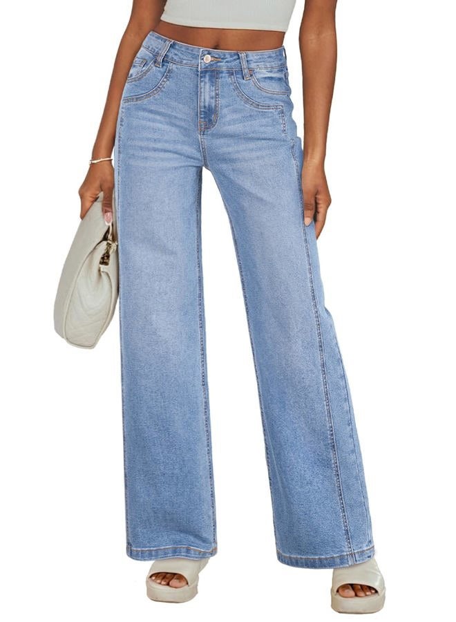 Sidefeel Women's Wide Leg Jeans High Waisted Stretchy Jeans Straight Leg Trendy Patchwork Loose Fit Denim Pants, Iceland Blue, 18 - Image 1