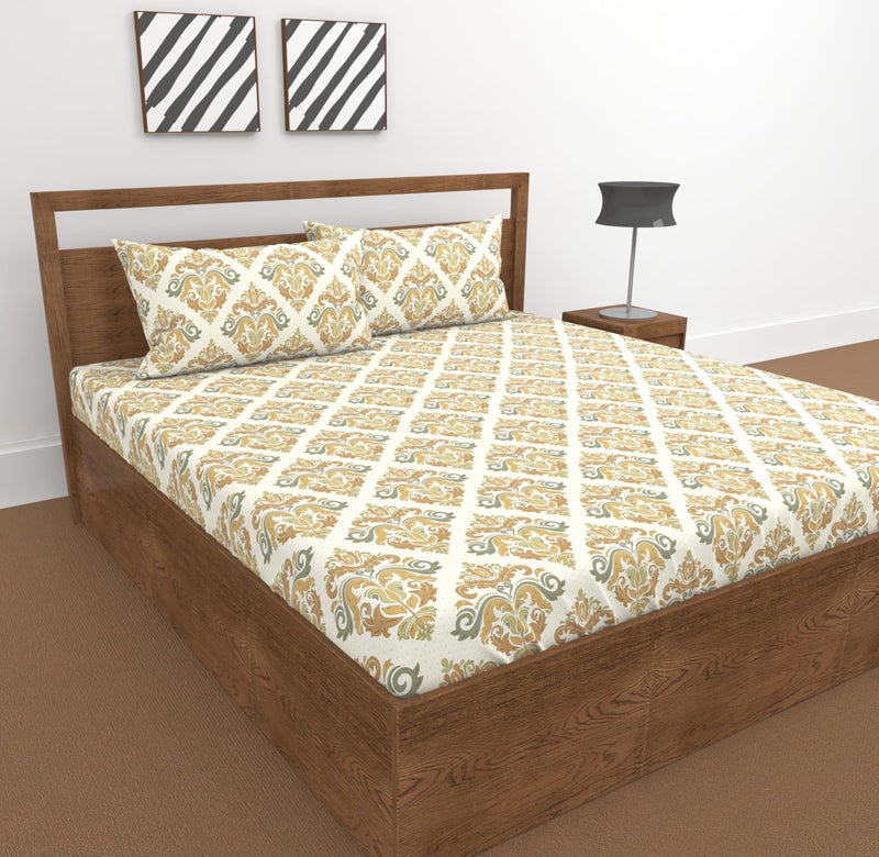 DECOREZA 350 TC King Size Elastic Fitted Bedsheet with Deep Pocket Cotton Feel Bed Sheet for Double Bed, Soft, Breathable & Wrinkle-Resistant, Includes 2 Pillow Covers, Size - 72"x72" Wheatfield - Image 1