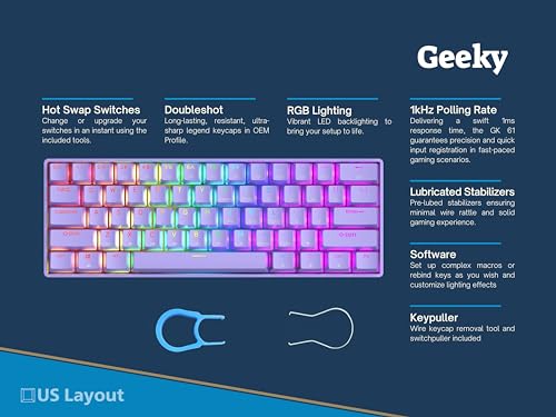 Geeky GK61 60% | Hot Swappable Mechanical Gaming Keyboard | 61 Keys Multi Color RGB LED Backlit for PC/Mac Gamer | ANSI US American Layout (Lavender, Mechanical Speed Silver) - Image 2