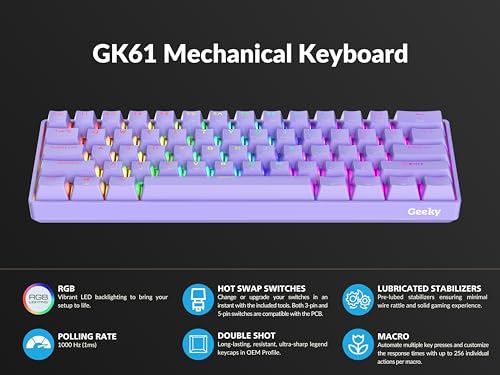 Geeky GK61 60% | Hot Swappable Mechanical Gaming Keyboard | 61 Keys Multi Color RGB LED Backlit for PC/Mac Gamer | ANSI US American Layout (Lavender, Mechanical Speed Silver) - Image 5