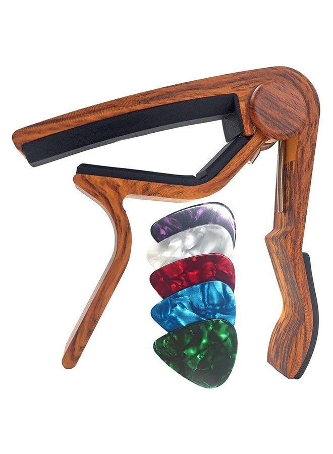 Guitar Capo for Acoustic and Electric Guitars - Rosewood Color with 5 Picks - Image 1