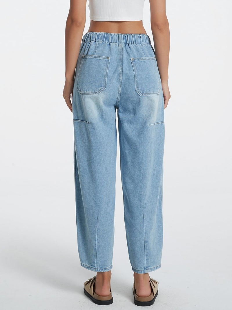 LifeShe Women's Wide Leg Baggy Jeans Elastic Waist Barrel Jeans Trendy Loose Drawstring Ankle Denim Pants Light Blue - Image 2