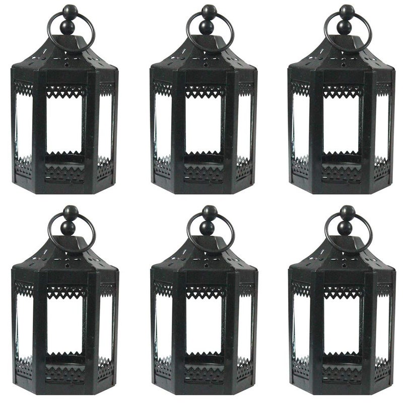 VELA Lanterns Mini Small 45 Inch Metal Moroccan Lanterns Decorative Candle Tealight Holders for Centerpieces Home Decor Halloween Weddings Black Set of 6