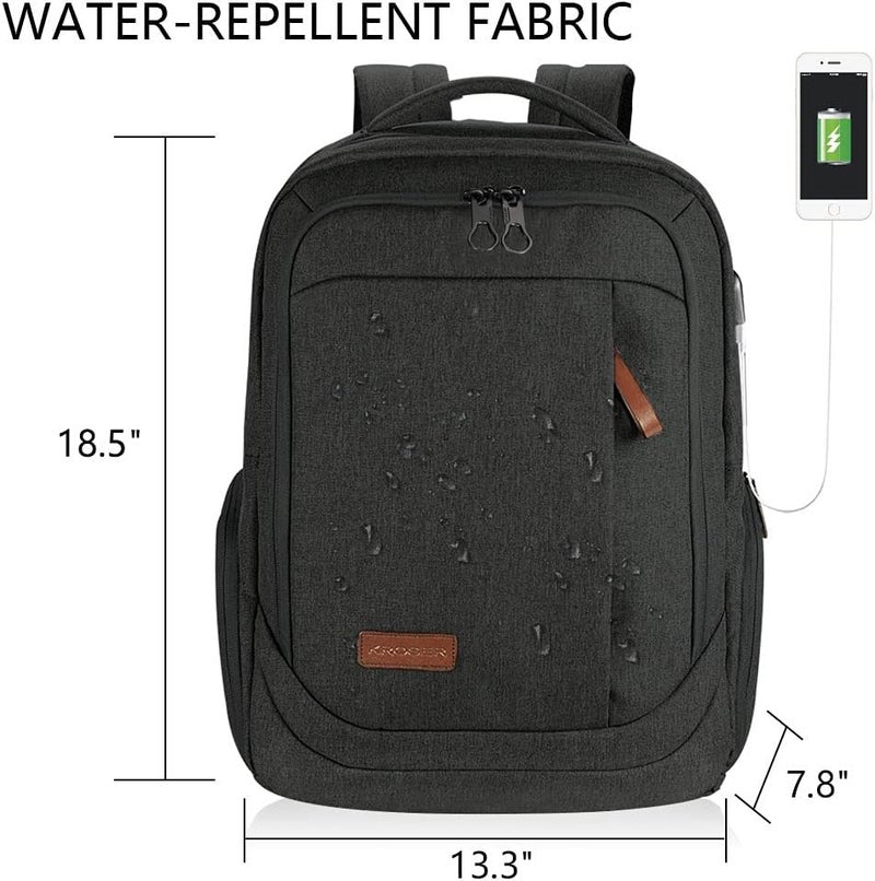 KROSER Laptop Backpack Large Computer Backpack Fits up to 17.3 Inch Laptop with USB Charging Port Water-Repellent Travel Backpack Casual Daypack for Business/College/Women/Men-Charcoal Black - Image 2