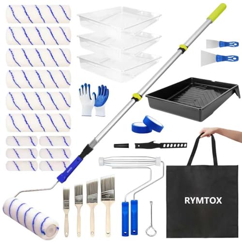 RYMTOX 33PCS Complete Paint Roller Kit with Extension Pole Carry Bag 24 FT Painting Supplies Set with 9 4 Microfiber Rollers Brushes Tray Tape for Walls Ceilings DIY Room Repainting - Image 1