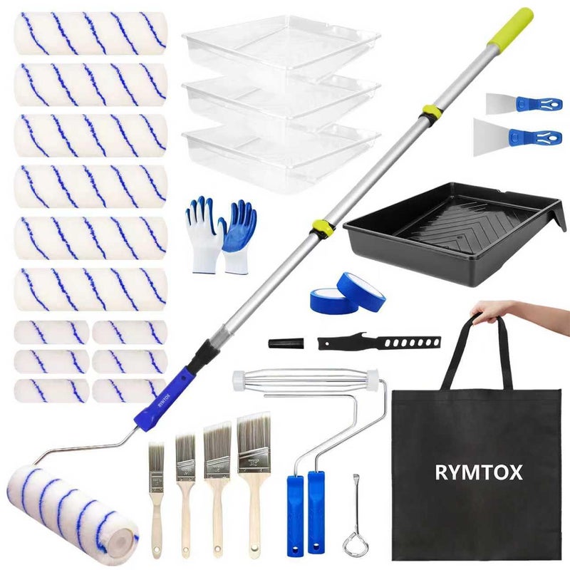 RYMTOX 33PCS Complete Paint Roller Kit with Extension Pole Carry Bag 24 FT Painting Supplies Set with 9 4 Microfiber Rollers Brushes Tray Tape for Walls Ceilings DIY Room Repainting - Image 2