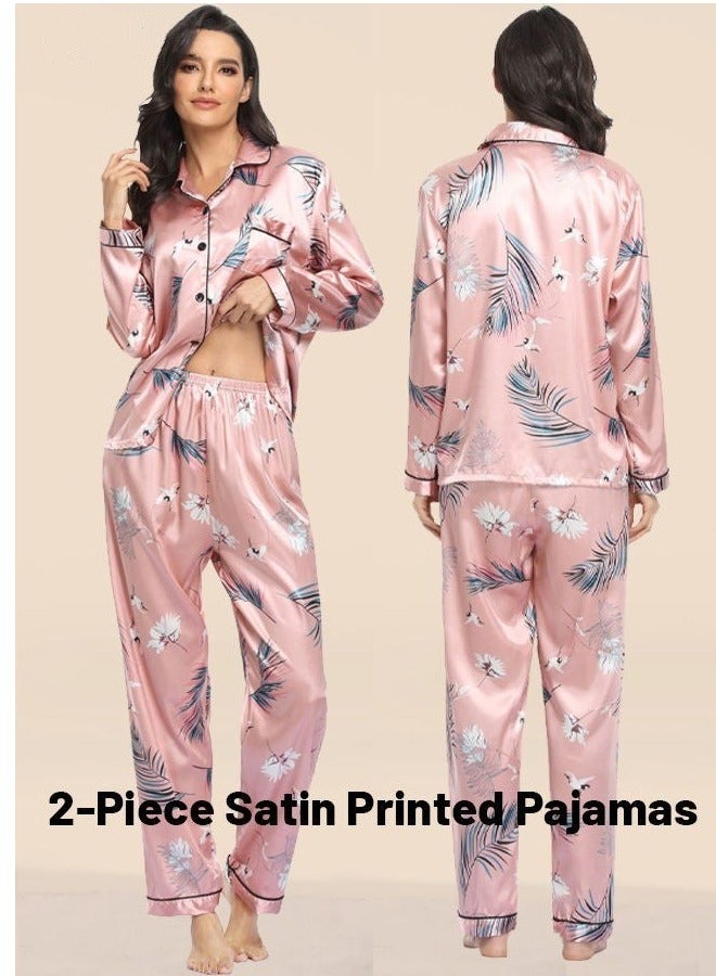 2-Piece Women'S Printed Satin Pajamas Classic Polo Collar Long Sleeve Button Open Close Top Casual Loose Waistband Elastic Pajama Pants - Image 1