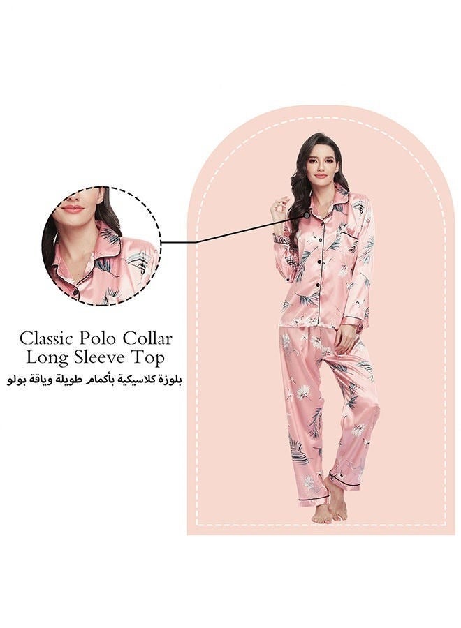 2-Piece Women'S Printed Satin Pajamas Classic Polo Collar Long Sleeve Button Open Close Top Casual Loose Waistband Elastic Pajama Pants - Image 3
