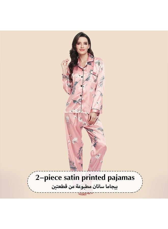 2-Piece Women'S Printed Satin Pajamas Classic Polo Collar Long Sleeve Button Open Close Top Casual Loose Waistband Elastic Pajama Pants - Image 5