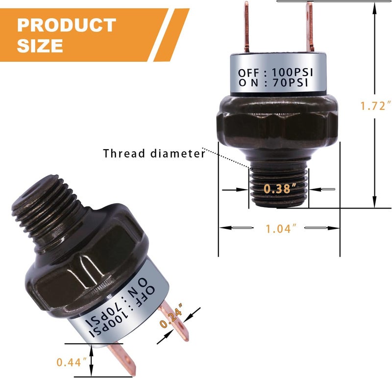 mankk Air Pressure Switch 70-100 PSI Thread 1/8" NPT 24V 12V DC Air Compressor Pressure Switch for Air Horn Train 70-100-1/8" NPT-BK - Image 3