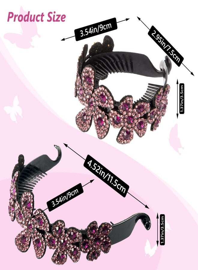 ISKYBOB 2 Pieces Rhinestone Flower Ponytail Holder Twist Bun Shaper Women Hair Grips Claw, Pink+ Violet - Image 2