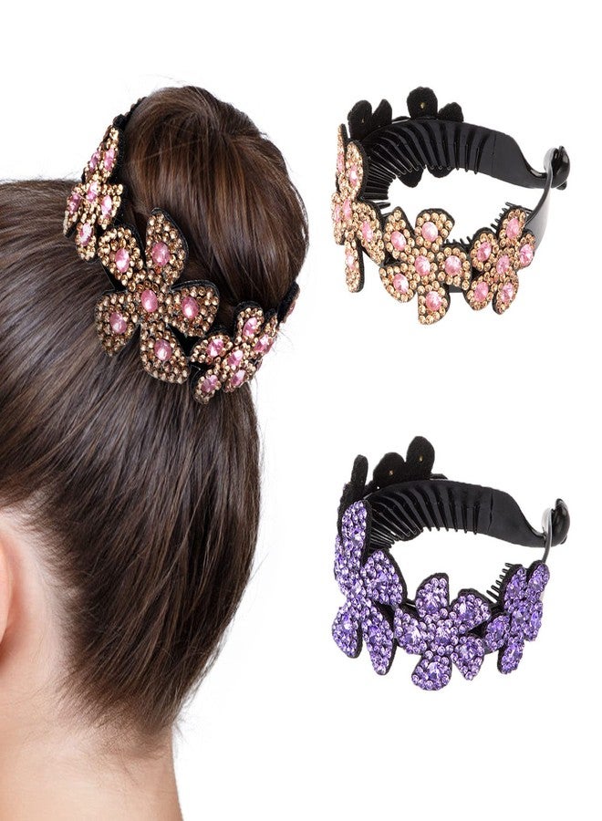 ISKYBOB 2 Pieces Rhinestone Flower Ponytail Holder Twist Bun Shaper Women Hair Grips Claw, Pink+ Violet - Image 1