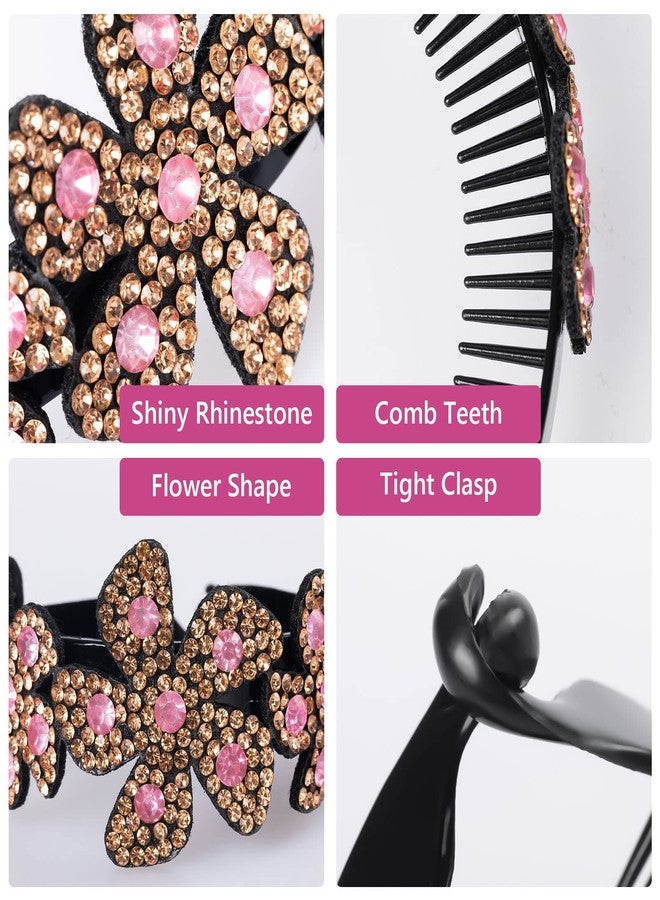 ISKYBOB 2 Pieces Rhinestone Flower Ponytail Holder Twist Bun Shaper Women Hair Grips Claw, Pink+ Violet - Image 3