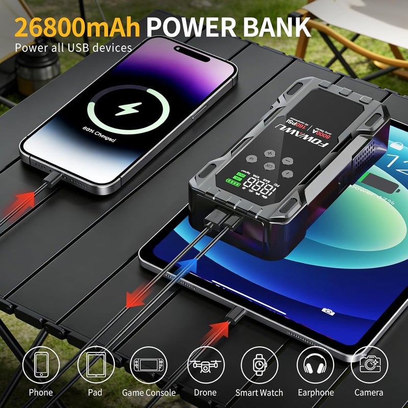 FOWAWU 8000A 26800mAh Jump Starter with Air Compressor, Car Battery Jumper Starter Power Bank (All Gas/10.0L Diesel), Cordless Auto-Shutoff Tire Inflator 160PSI, Low Voltage Boost, 600LM LED - Image 5