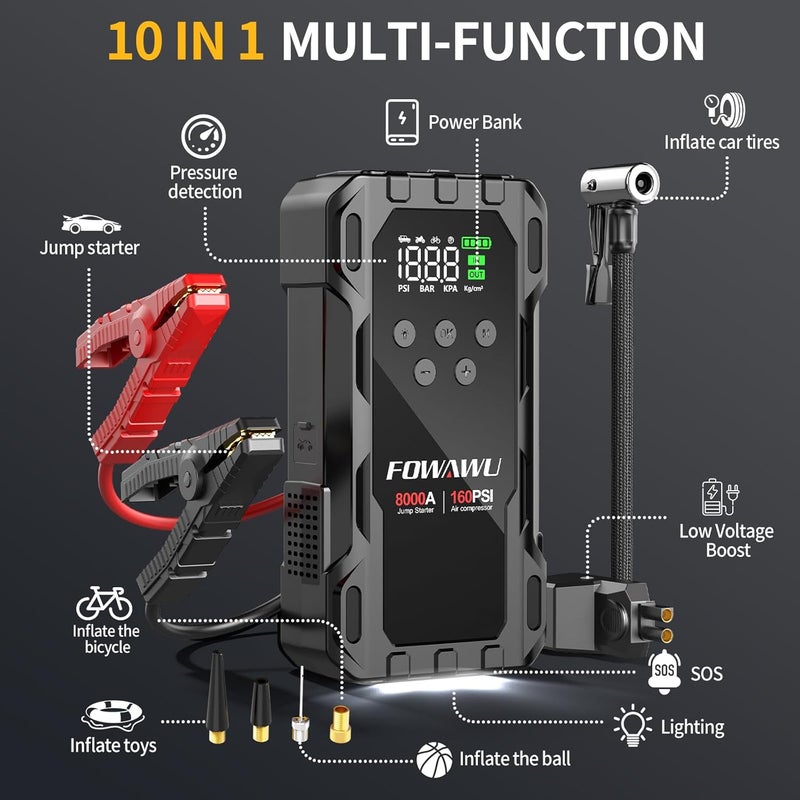 FOWAWU 8000A 26800mAh Jump Starter with Air Compressor, Car Battery Jumper Starter Power Bank (All Gas/10.0L Diesel), Cordless Auto-Shutoff Tire Inflator 160PSI, Low Voltage Boost, 600LM LED - Image 2