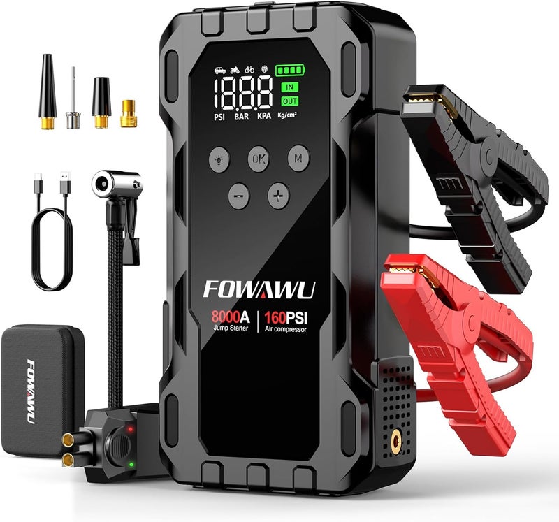 FOWAWU 8000A 26800mAh Jump Starter with Air Compressor, Car Battery Jumper Starter Power Bank (All Gas/10.0L Diesel), Cordless Auto-Shutoff Tire Inflator 160PSI, Low Voltage Boost, 600LM LED - Image 1