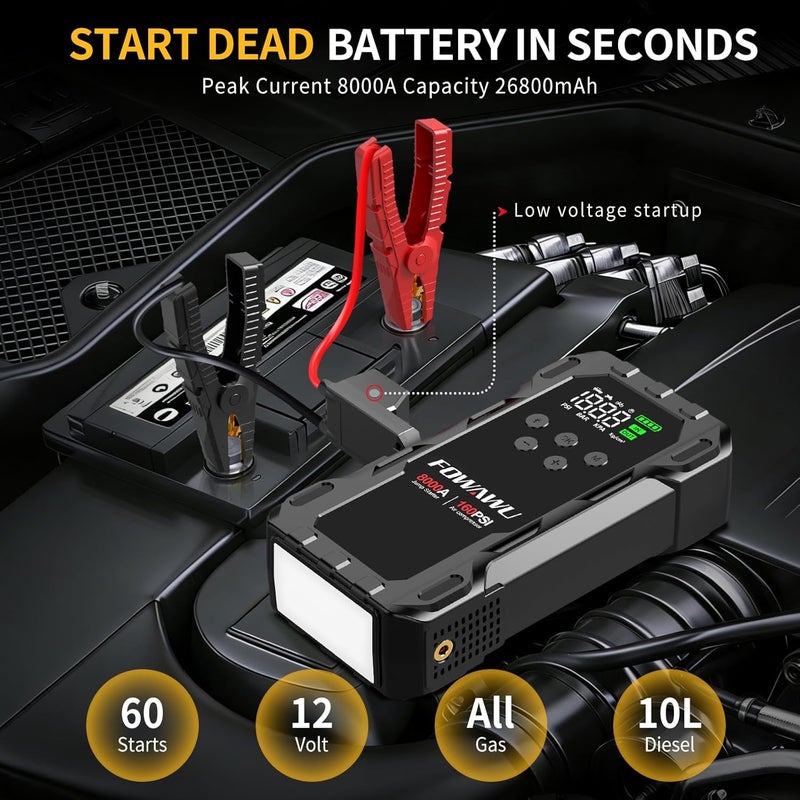 FOWAWU 8000A 26800mAh Jump Starter with Air Compressor, Car Battery Jumper Starter Power Bank (All Gas/10.0L Diesel), Cordless Auto-Shutoff Tire Inflator 160PSI, Low Voltage Boost, 600LM LED - Image 3