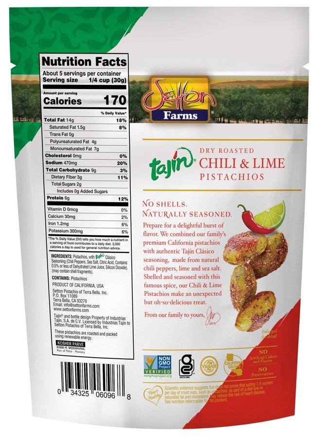 Setton Farms Tajin Seasoned Pistachio Kernels | No Shells | Tajin Clasico Chili Lime | Non-GMO Project Verified | Gluten Free | Vegan | Kosher | 5 Oz. Bag - Image 2