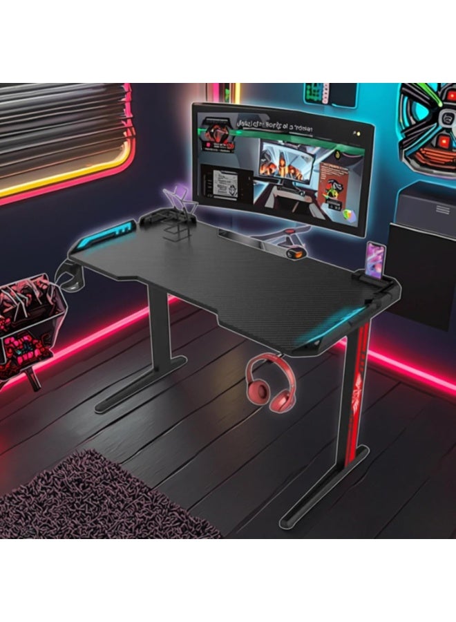 بلاك مكتب ألعاب أسود على شكل حرف T مع إضاءة LED RGB – طاولة ألعاب إلكترونية مزودة بحامل كوب وحامل سماعات – مكتب كمبيوتر أنيق لجهاز الكمبيوتر الشخصي مناسب لإعدادات المنزل والمكتب - Image 5