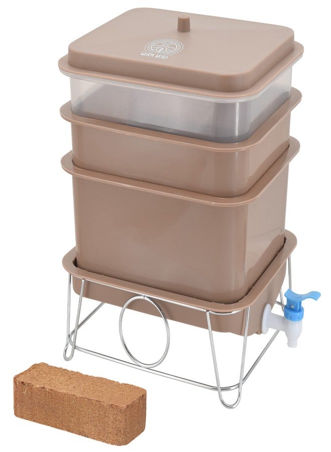 Worm Nerd Arcadia Garden Products Worm Nerd WN55 4-Tray Worm Composting Bin Kit with Coco Coir Brick for Recycling Food Waste, Worm Castings, Worm Tea, Vermiculture and Vermicomposting, Tan - Image 1