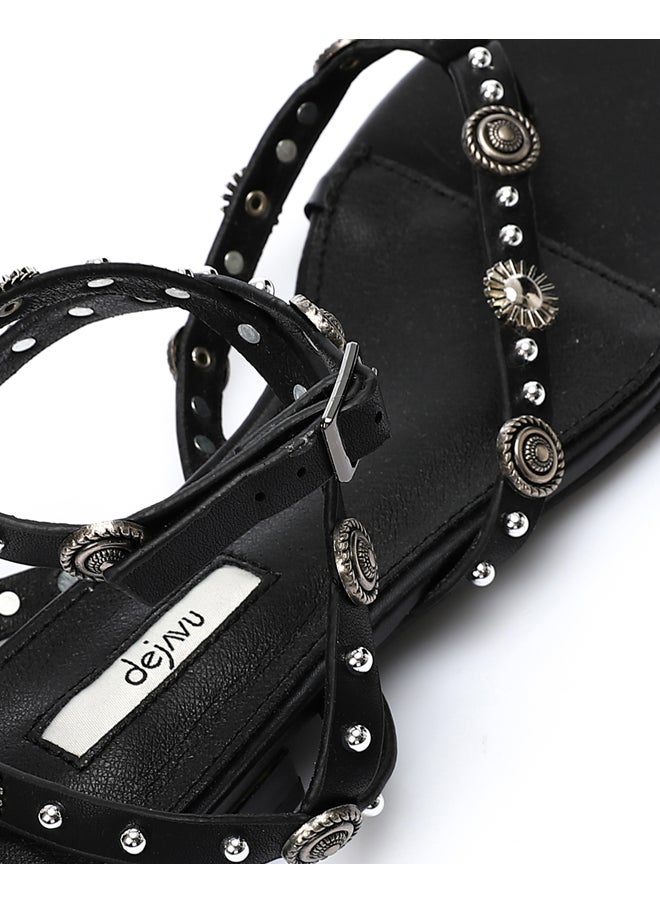 Black Studded Strap Thong Sandals