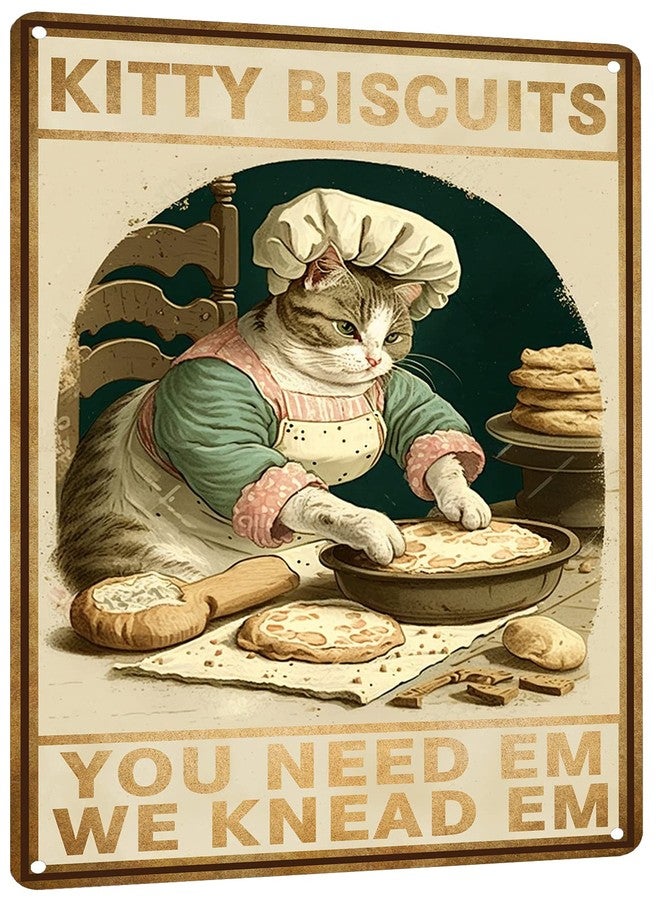 HYBLOM Cottagecore Decor - Cat Signs - Kitty Biscuits You Need Em We Knead Em Poster - Vintage Home Wall Art Metal Tin Sign 12x8 Inches - Image 1