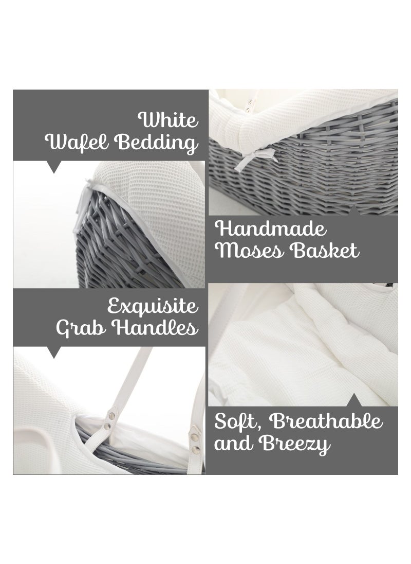 TEKNUM Teknum Infant Wicker Pod Moses Basket with White Waffle Beddings - Wooden Grey  - Image 2
