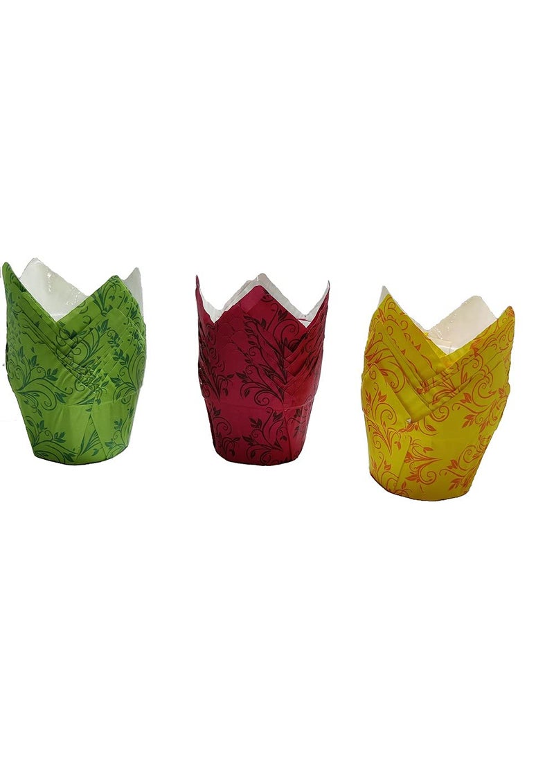 APOLLINE INDIA APOLLINE INDIA 30pcs Tulip Muffin Baking Cupcake Liner Yellow Pink Green Floral Print Paper Cupcake Wrappers Dessert Cake Liners for Festivals Christmas Diwali 10pcs Each Colour Will Be Send  - Image 3