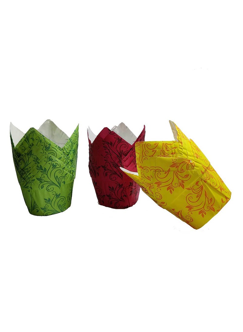 APOLLINE INDIA APOLLINE INDIA 30pcs Tulip Muffin Baking Cupcake Liner Yellow Pink Green Floral Print Paper Cupcake Wrappers Dessert Cake Liners for Festivals Christmas Diwali 10pcs Each Colour Will Be Send  - Image 1