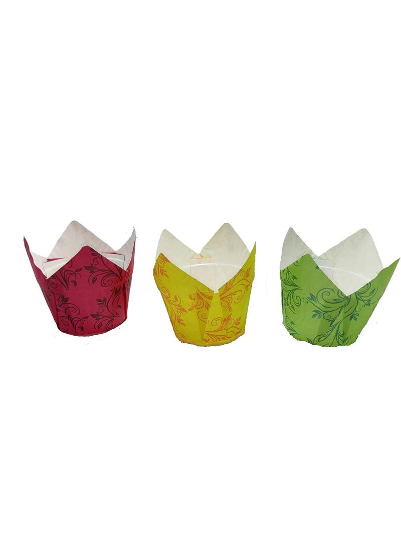 APOLLINE INDIA APOLLINE INDIA 30pcs Tulip Muffin Baking Cupcake Liner Yellow Pink Green Floral Print Paper Cupcake Wrappers Dessert Cake Liners for Festivals Christmas Diwali 10pcs Each Colour Will Be Send  - Image 2