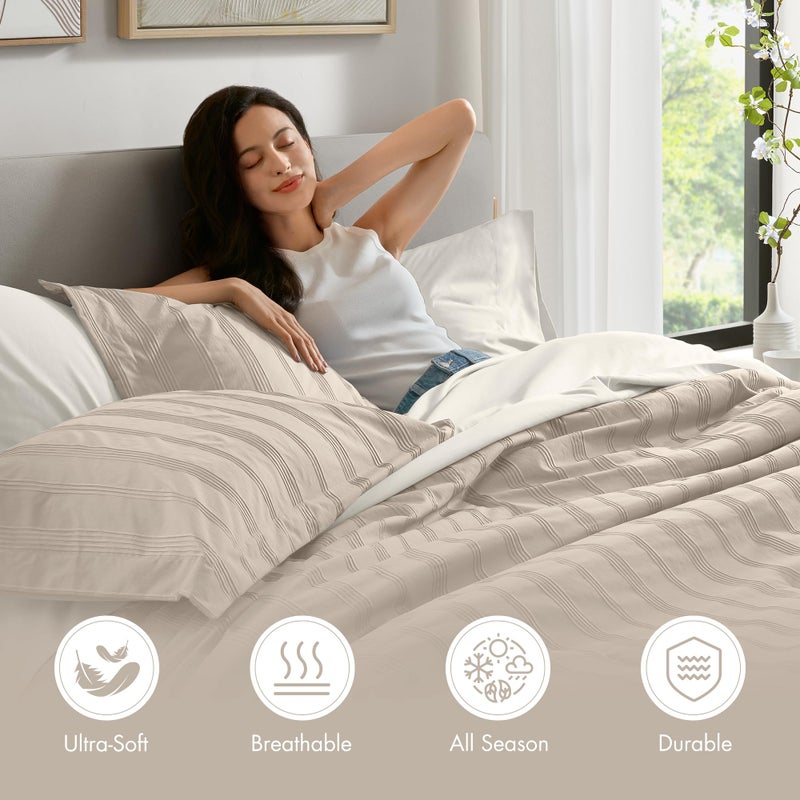 Madison Park Essentials Striped Comforter Set Queen, 7 Pieces Modern Minimalist Jacquard Bedding Set for All Season, Bed in A Bag with Sheet Set and Soft Brushed Reverse, Lightweight Neutral - Image 3