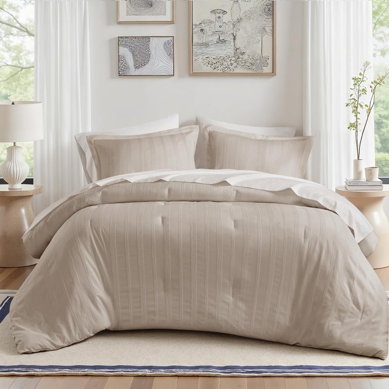 Madison Park Essentials Striped Comforter Set Queen, 7 Pieces Modern Minimalist Jacquard Bedding Set for All Season, Bed in A Bag with Sheet Set and Soft Brushed Reverse, Lightweight Neutral - Image 1