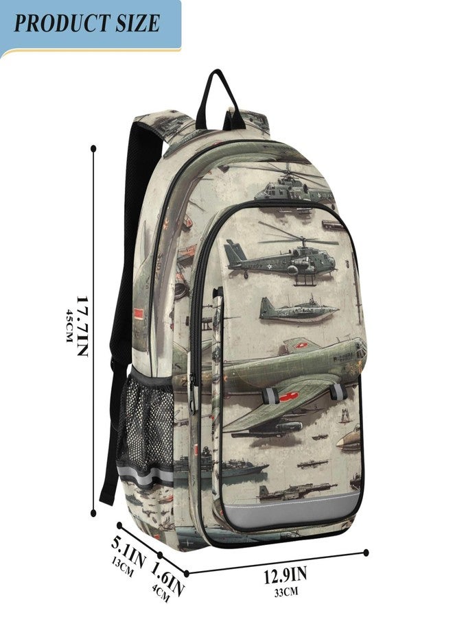 Glaphy Green Planes Helicopters Tanks Backpack Lightweight Bookbag Laptop Backpack College School Bag for Teen Boys and Girls with Reflective Stripes - Image 2