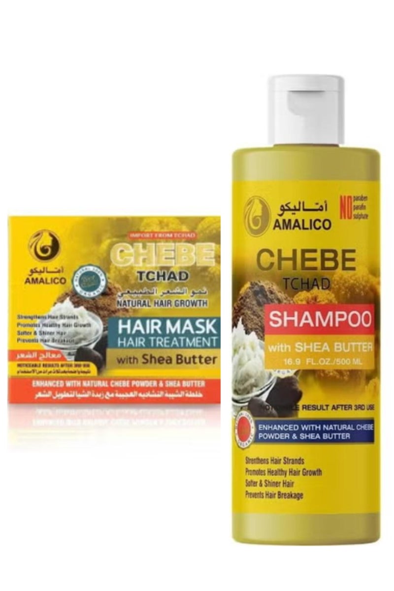 AMALICO Set 2 Pcs African Chebe Powder Hair Growth Mask 200 g + Shampoo 500 ml for Hair Growth with Shea Butter Ready to Use Sweet Almond, Palm, Olive Oil Deep Scalp Nourishment Sulphate Free