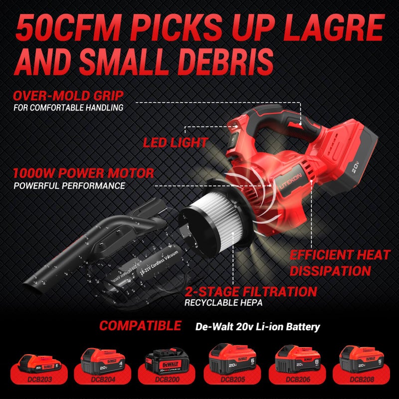 LITEKON Cordless Vacuum Cleaner Compatible with Mil-Wuakee 20V Battery,20000Pa High Power Handheld Vacuum with HEPA Filter, 5 in 1 Portable Electric Vacuum With LED Light for Carpets, Floors&Cars (No Battery) - Image 4