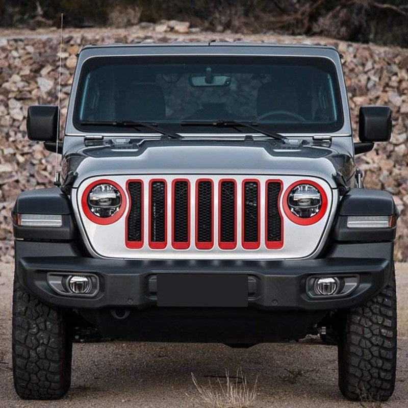 JeCar Front Grill Inserts & Headlight Cover Kit for Jeep Wrangler 2018-2023 JL & Unlimited, Red - Image 3