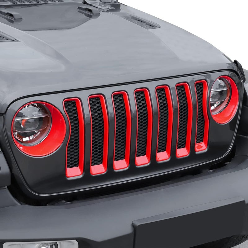 JeCar Front Grill Inserts & Headlight Cover Kit for Jeep Wrangler 2018-2023 JL & Unlimited, Red - Image 1
