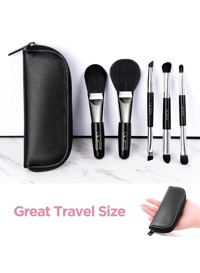 Brush Master Travel Makeup Brushes Set w/Pouch, 5PCS Double Ended Portable Mini Cosmetic Brushes Kit for Foundation, Eyeshadow, Lip, Blush Make Up Brushes Professional(Black) - Image 2