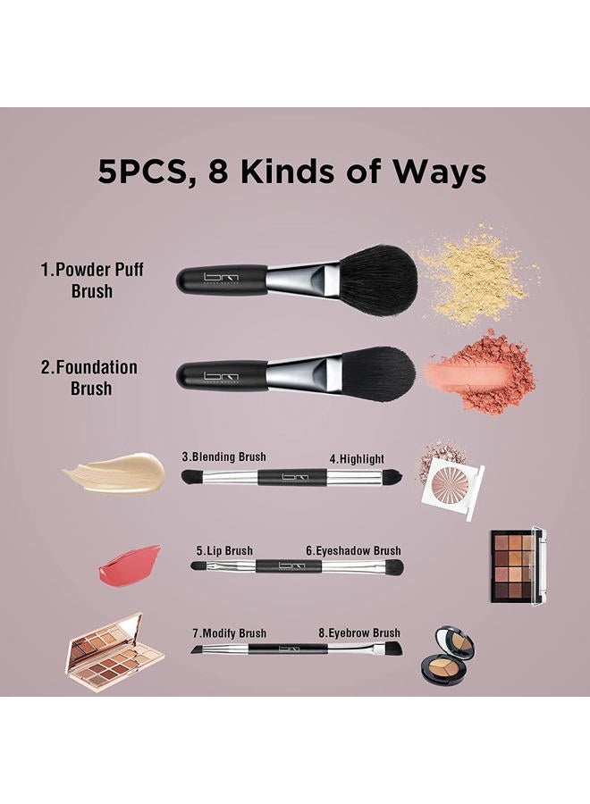 Brush Master Travel Makeup Brushes Set w/Pouch, 5PCS Double Ended Portable Mini Cosmetic Brushes Kit for Foundation, Eyeshadow, Lip, Blush Make Up Brushes Professional(Black) - Image 5