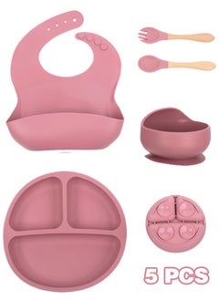 Super ZYouth 5-Pieces Silicone Baby Feeding Set, Baby Led Weaning Supplies with Suction Bowl and Divided Plate, Wooden Spoon and Fork, Toddler Tableware Set with Adjustable Soft Silicone Bib  - Image 1