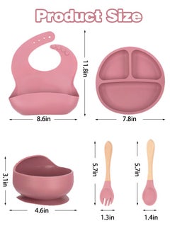 Super ZYouth 5-Pieces Silicone Baby Feeding Set, Baby Led Weaning Supplies with Suction Bowl and Divided Plate, Wooden Spoon and Fork, Toddler Tableware Set with Adjustable Soft Silicone Bib  - Image 2