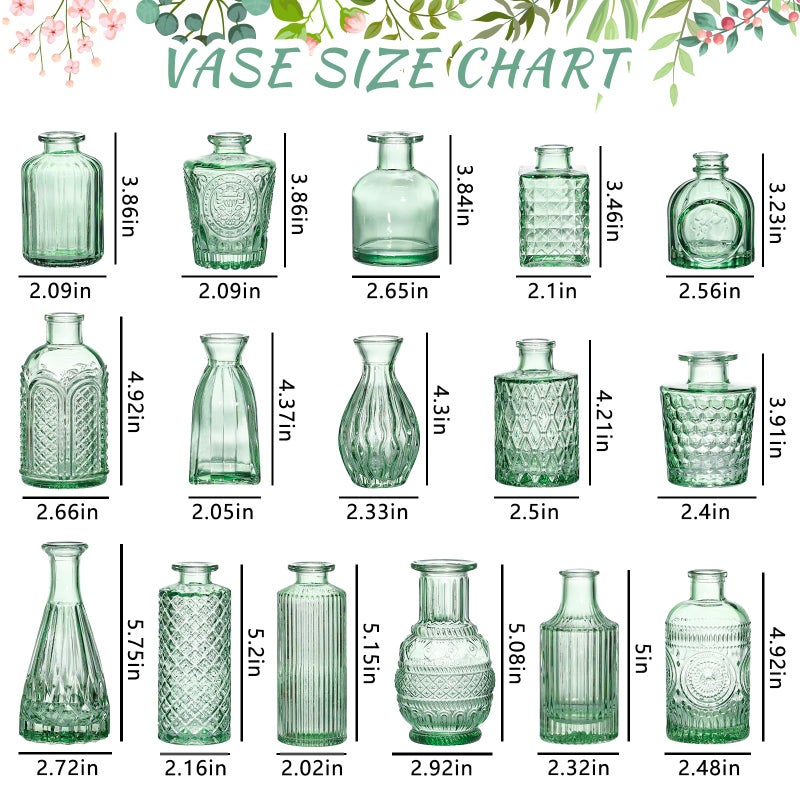 SUPMIND Glass Bud Vase Set, 16pcs Small Green Flower Vases for Table Centerpieces in Bulk, Mini Vintage Vase for Wedding, Home, Table Decoration - Image 2