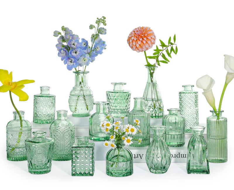 SUPMIND Glass Bud Vase Set, 16pcs Small Green Flower Vases for Table Centerpieces in Bulk, Mini Vintage Vase for Wedding, Home, Table Decoration - Image 1