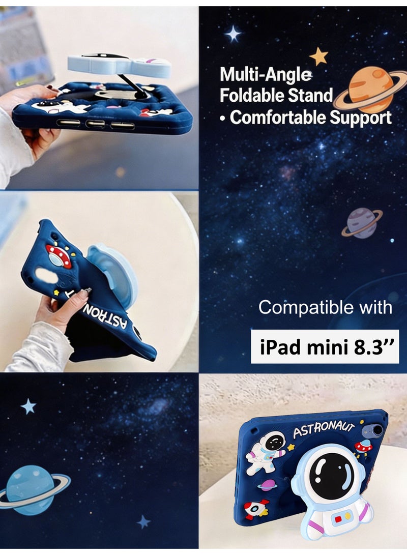 iPad mini 6 2021 8.3 بوصة/iPad mini 7 2024 حقيبة واقية للأطفال للأجهزة اللوحية مع فتحة للقلم وحامل وحزام كتف، تصميم حامل ثلاثي الأبعاد على شكل رائد فضاء، حماية سيليكون ممتصة للصدمات، غطاء مفضل للأطفال للأجهزة اللوحية، حقيبة لطيفة للأجهزة اللوحية على شكل رسوم متحركة مع حامل، حقيبة iPad لطيفة للأولاد والبنات والأطفال - Image 2